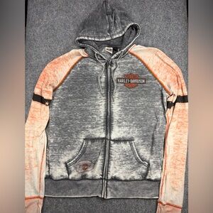 Harley Davidson Hoodie Gray Orange Full Zip Colorblock Rhinestone Burnout XL